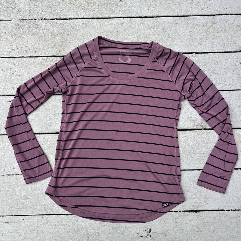 Patagonia Capilene Cool Trail Striped Long Sleeve Shirt Purple Woman's-Size M